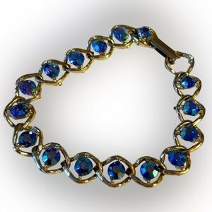 Artisan Bracelet, Silver tone,Blue Faceted Rhinestone 6.75”, Handmade​​,Vintage
